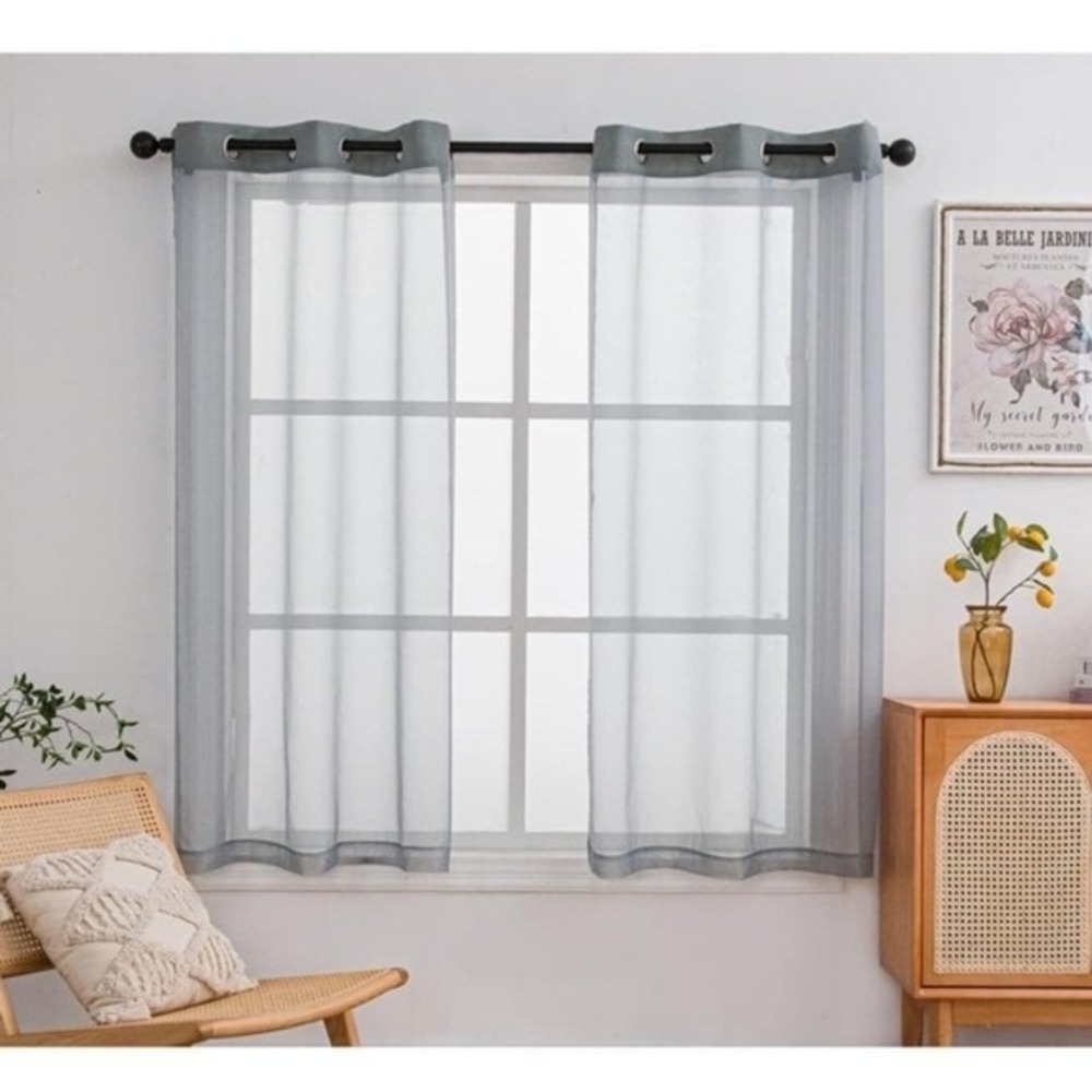 New PI Grey Sheer Curtains 63 Inches Long with Rings Top,Translucent Voile Small